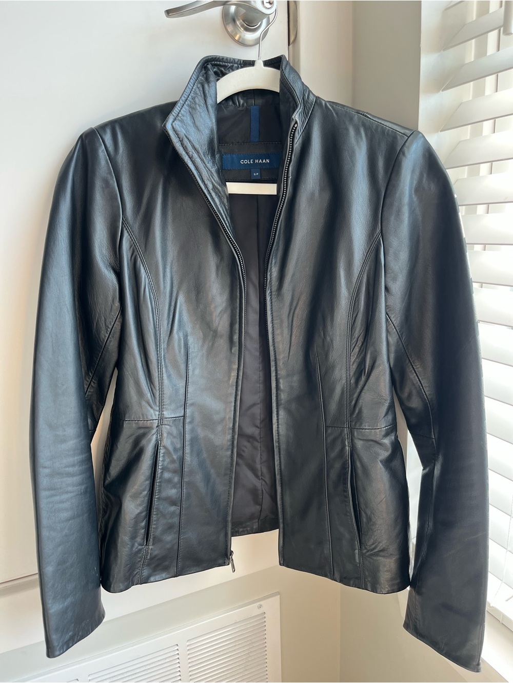 Cole Haan Wing Collar Genuine Lambskin Leather Jacket Black Size Small